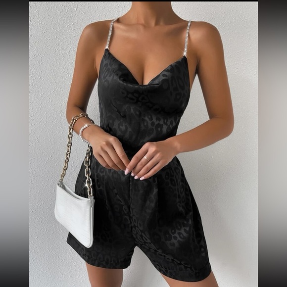 Shein Leopard Print Rhinestone Strap Satin Cami Romper - Picture 3 of 8